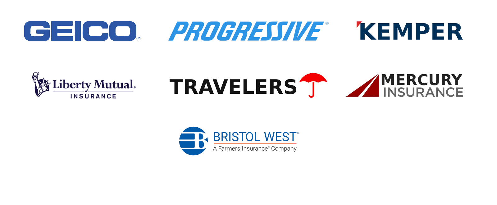 GEICO, Progressive, Kemper, Liberty Mutual, Travelers, Mercury, Bristol West
